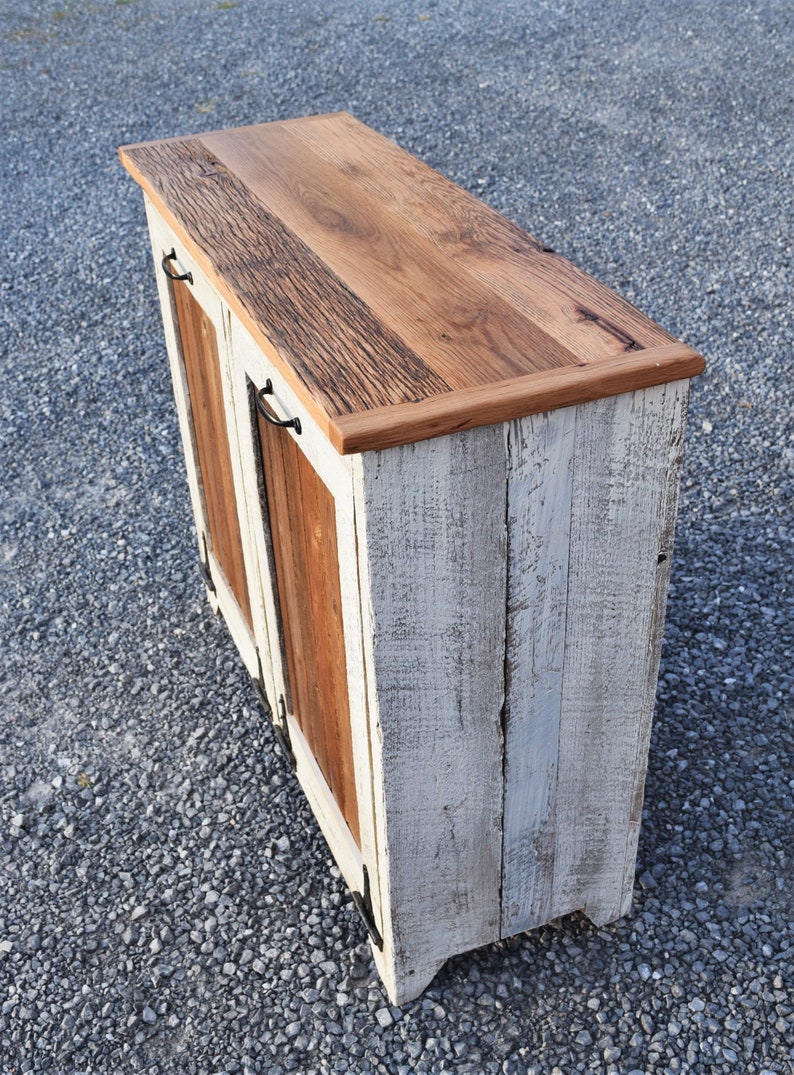 Distressed Double Trash bin Reclaimed wood Double tilt out trash bin two 12.5 gallon Plastic trash can not Included