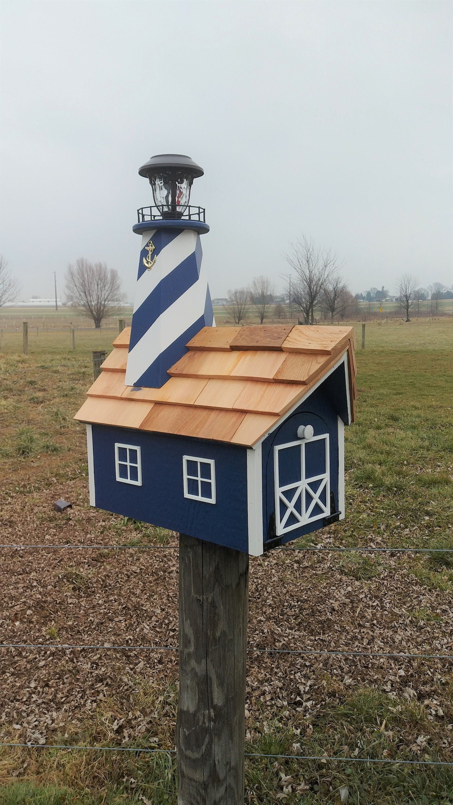 Amish Handmade Lighthouse Mailbox With Solar Light | Cedar Shake Roof ...