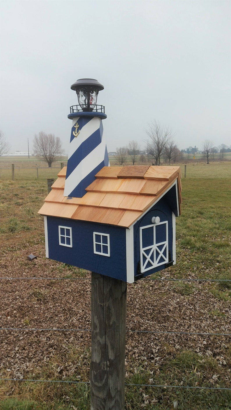 Amish Handmade Lighthouse Mailbox With Solar Light | Cedar Shake Roof ...