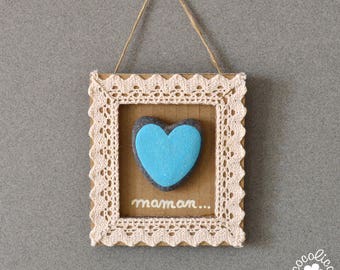 Frame cardboard and lace pebble heart blue glitter "mom"