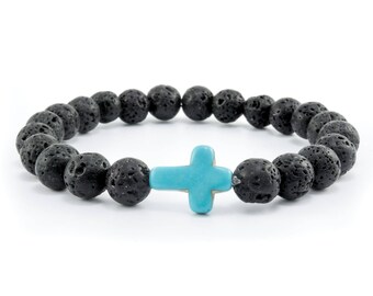 Oneress Faith Stretch Bracelet - Black Agate Or Lava Stone Rectangular Beads, Inspirational Mens Jewelry Gift