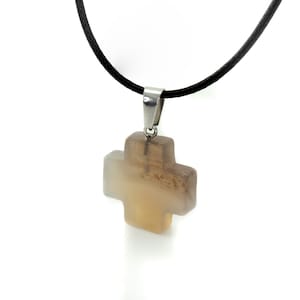 Women’s Men&#39;s Inspirational Leather Necklace with Grey Agate Stone Cross - 18-20 inches - HS-LCN002-GAS