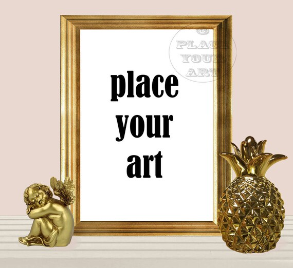 Gold Mockup Frame With Gold Pineapple And Gold Cherub Gold Mockup Frame With Gold Pineapple And Gold Cherub