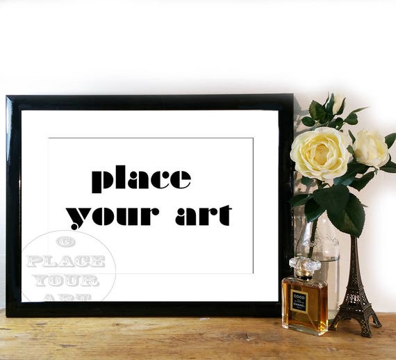 Black Mockup Frame With Perfume Flowers And Eiffel Tower Black Mockup Frame With Perfume Flowers And Eiffel Tower