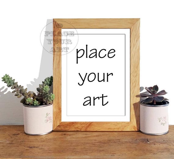 Mockup Wooden Frame With Cactus Wooden Mock Up Frame