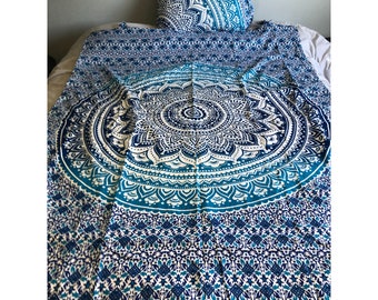 Twin Size Blue Green Mandala Duvet Set with Pillow Cover | Indian Bed Sheets | Bedroom Decor
