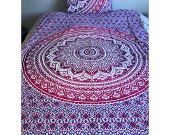 Twin Size Red Pink Mandala Duvet Set with Pillow Cover | Indian Bed Sheets | Bedroom Decor