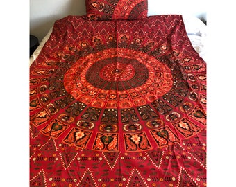 Twin Size Red Hot Mandala Duvet Set with Pillow Cover | Indian Bed Sheets | Bedroom Decor