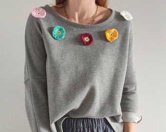 Grey gauze sweatshirt with colorful flowers, ONE SIZE - soft sweater with crochet appliqués, sweatshirt with colorful flowers