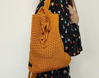 Crochet backpack, mustard colour, with 2 in 1 bag and cotton compartments / women's bucket backpack