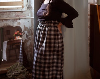 Gathered midi waist skirt with ruffles, checked, autumn winter women's skirt