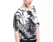 Transformable Women 39 s jersey, fancy tropical white cream and black, ONE SIZE-shoulder uncovered Barchetta neckline sleeveless bat Sleeve