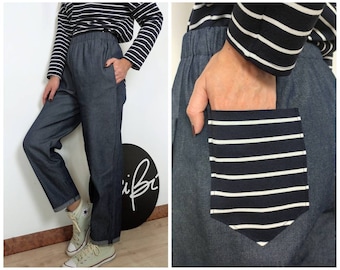 PantaDenim: women's denim trousers with striped patch pocket, size 42-46, soft denim trousers with elastic waistband