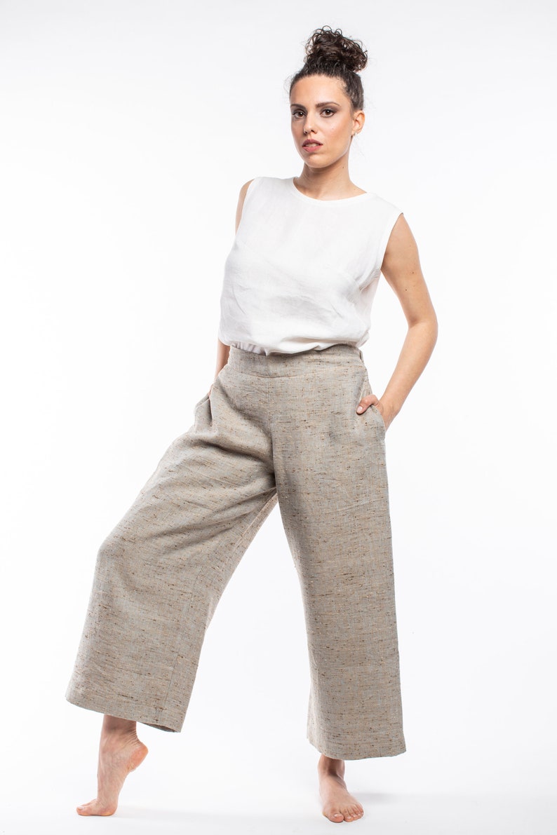 Gaucho trousers in pure light linen with elastic waist-size ML-Women/'s trousersanklesummeroversizenatural fibres