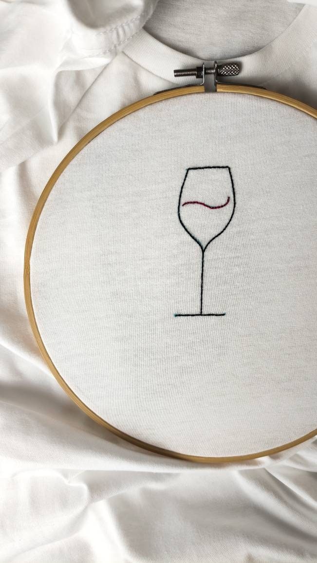 Hand embroidered stylized wine glass T-shirt, organic cotton - women's t-shirt with design, for wine lovers - gift idea