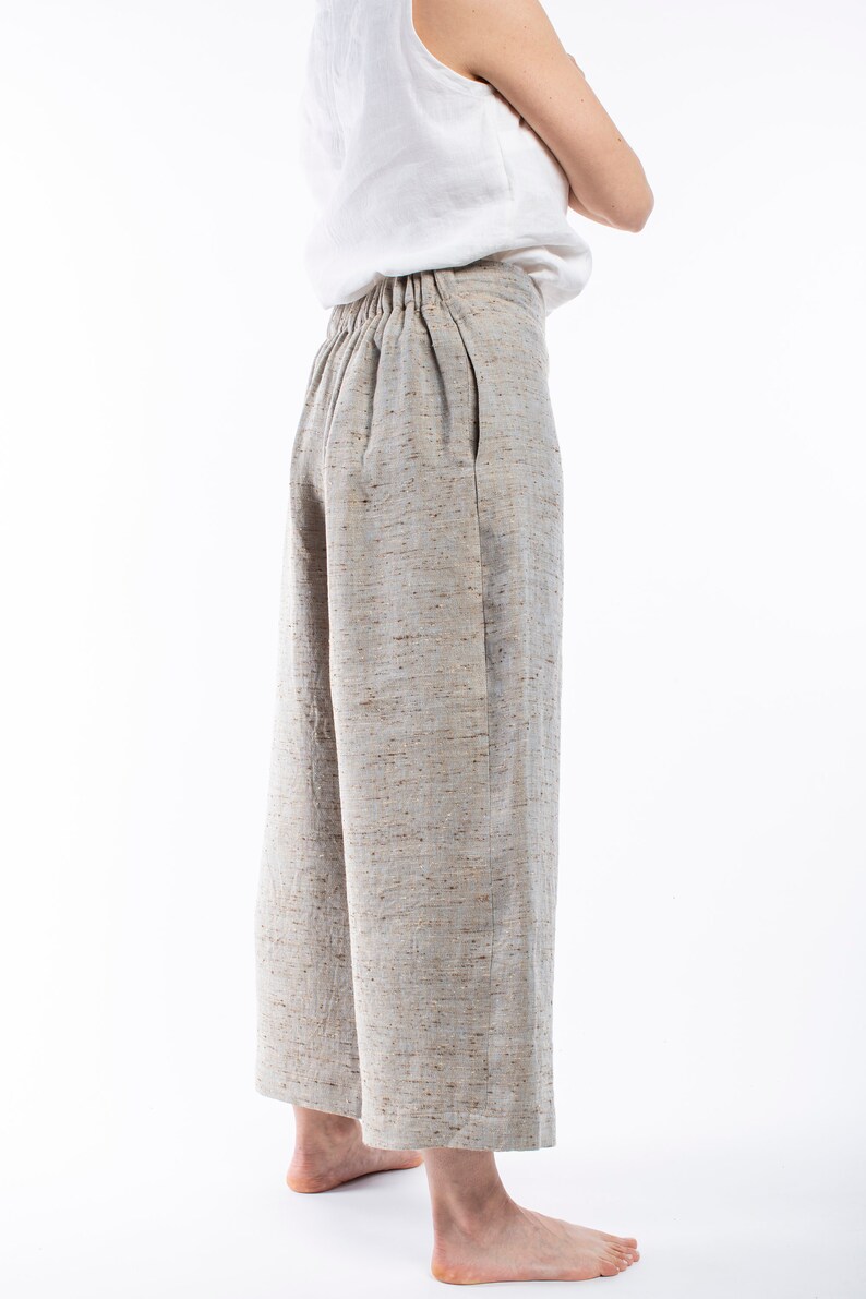 Gaucho trousers in pure light linen with elastic waist-size ML-Women/'s trousersanklesummeroversizenatural fibres