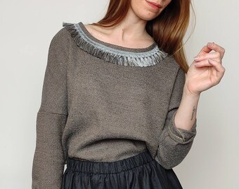 Grey melange and cappuccino sweater with fringes, ONE SIZE - women's sweater in pure wool, comfortable model, oversize