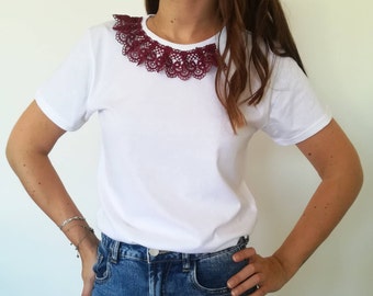 T-shirt with macramé lace decoration, various colors available, organic cotton - on order, customizable women's t-shirt