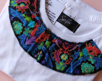 Women's T-shirt with patterned decoration, made of organic cotton, size S - T-shirt with colored patch collar