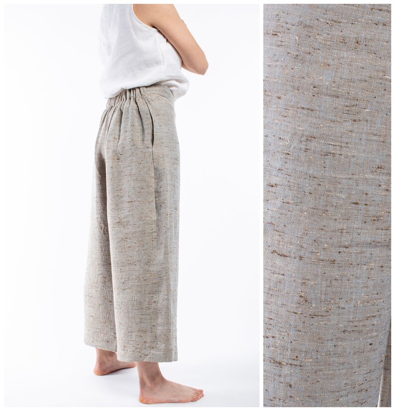 Gaucho trousers in pure light linen with elastic waist-size ML-Women/'s trousersanklesummeroversizenatural fibres