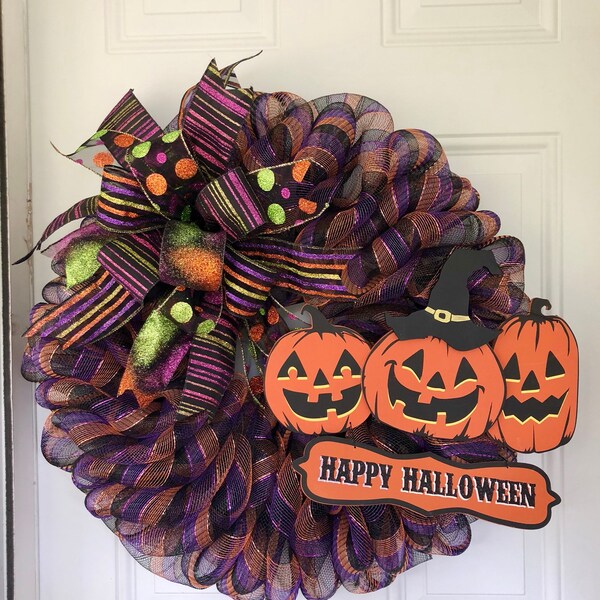 Halloween Wreath/Fall Wreath/Front Door Wreath/Welcome Wreath/Pumpkin Wreath/Deco Mesh Wreath/Wreath/Wreaths/Housewarming/Pumpkin /Halloween