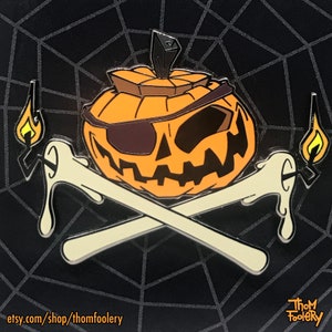 Spooky Cute Halloween Pumpkin Jack O' Lantern crossbones candles enamel pin