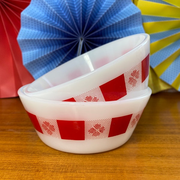 Federal Glass Bowls, White Milk Glass Bowls with Red Squares