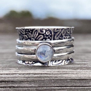 Rainbow Moonstone Botanical Silver Spinner Ring