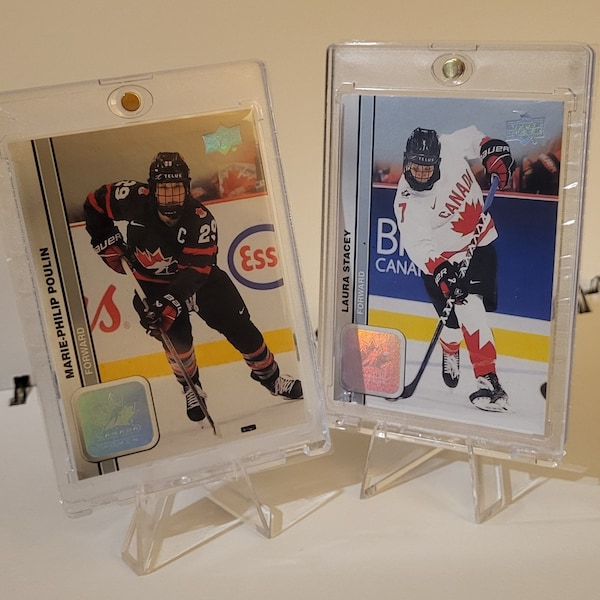 PWHL She's Gay, Marcus! Marie-Philip Poulin and Laura Stacey hockey cards from 2023 Upper Deck Team Canada Juniors set