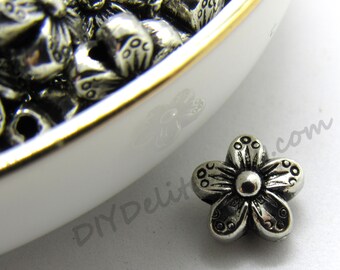 40Pcs Antiqued Silver Tone Flower Round Spacer Beads Charms 6.5mm