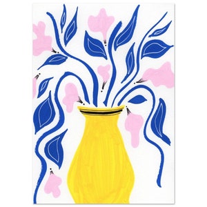 Jarrón amarillo con flores azules -Póster de papel mate prémium