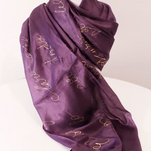 Foulard en soie violet or et violet peint à la main 180 x 90cm