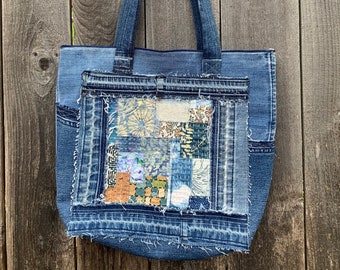 Large Denim tote -Upcycled large tote with hand stitched Sashiko patch on front