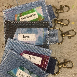 Uplifting key chain, Denim Key fobs,Upcycled , words of affirmation Faith,Hope, Love