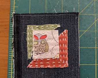 Denim Patch with added Fabric and Boro stitches 4" x 4"