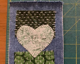 Fabric and Denim patch, Boro stitches, 4" x 5"