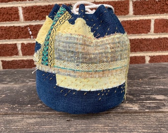 Bolso japonés con cordón, parches estilo Boro en mezclilla, bolsa de regalo