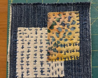 Denim Patch with Sashiko stitches 5" x 5"