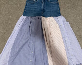 Women’s denim skirt, women’s upcycled women’s skirt, multi color skirt, denim skirt, Denim Forum jeans