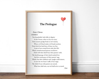 Shakespeare Print, Romeo and Juliet Prologue, Unframed A4, With or Without Balloon, Unframed Shakespeare Print, Literary Print