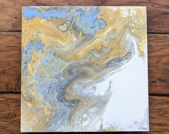 Original Acrylic Fluid Pour Painting "Gold Sky" 12x12 Canvas, Gold Blue Abstract Art, Fluid Painting, Original Art, Wall Art, Modern Art