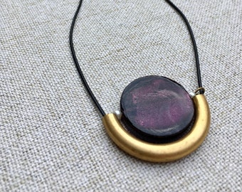 glass long necklace and brass hoop, “Bordeaux Moon”