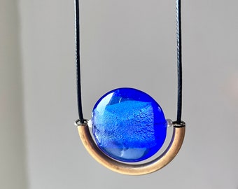 glass long necklace and brass hoop, “cobalt blue moon”