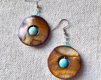 Saturn earrings with bronze mother-of-pearl and turquoise agate