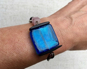 the bright blue square Murano, glass and wood bracelet