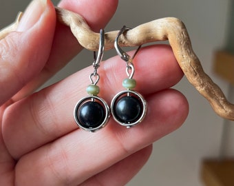 satin black glass earrings, “Buds”