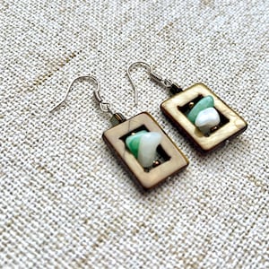 Earrings made of amazonite fragments in a rectangular bronze mother-of-pearl frame