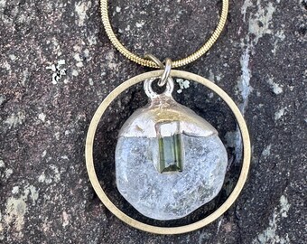 Green tourmaline quartz on an 18-inch brass snake chain