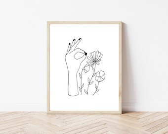 8x10 Art botanique - Hands Art - Sa main d’accord - Art floral - Art mural moderne - Impression d’art minimal - 8x10 Print - Noir et Blanc Art Décor