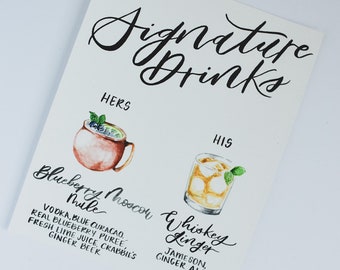 Menú de bar personalizado - Bebidas de autor con letras a mano - Menú de pintura de acuarela - Menú de bebidas - Pintura de bebidas de autor hecha a mano 8x10
